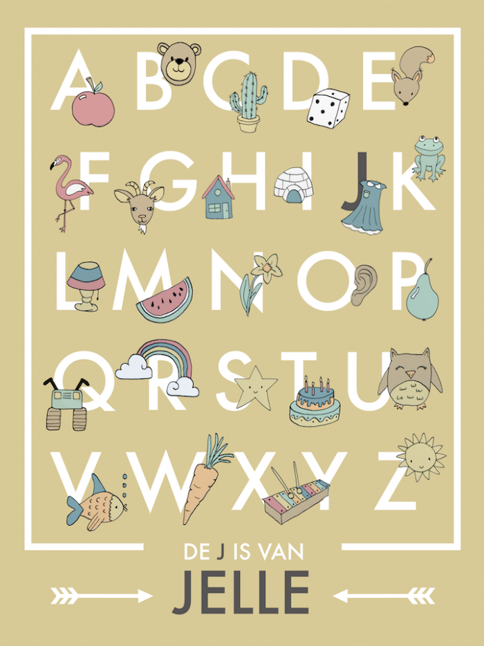 Alfabet poster ABC Nursery Baby kamer kinder okergeel