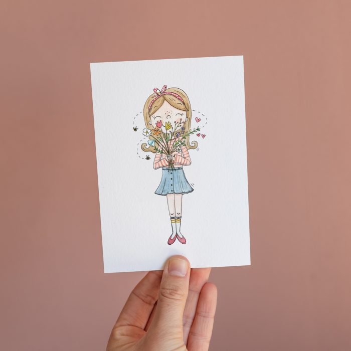 postcard ansichtkaart meisje bloemen boeket flowers girl illustration