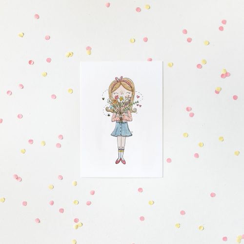 postcard ansichtkaart meisje bloemen boeket flowers girl illustration