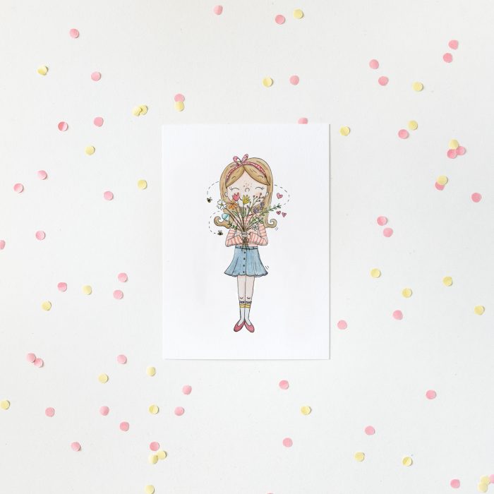 postcard ansichtkaart meisje bloemen boeket flowers girl illustration